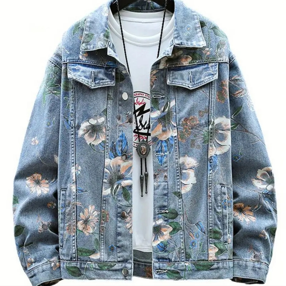 l Blue and Green Lightweight Jacket with Distressed Artistic Floral Design!